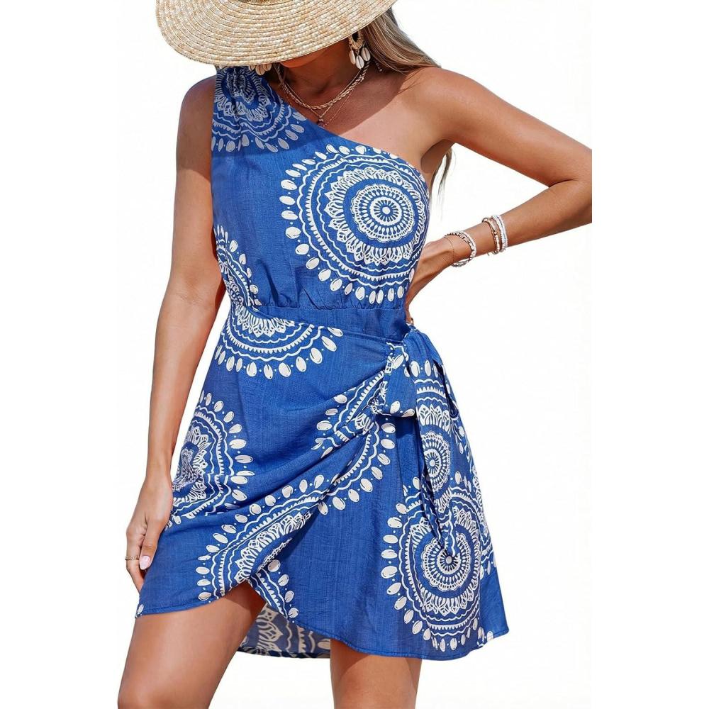 imageCUPSHE Womens One Shoulder Leaf Print Selftie Short Dress Sleeveless Tiered Hem Formal Dress Casual Mini DressBlue White Paisley