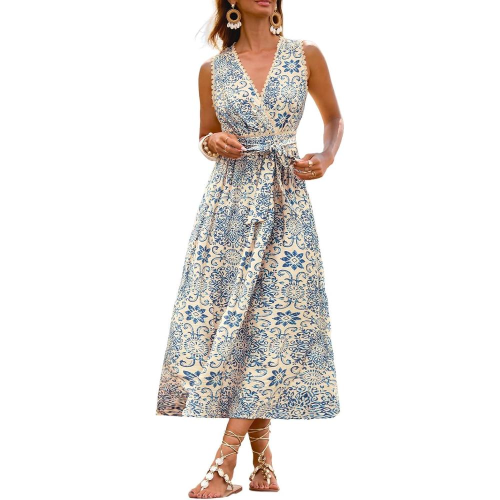 imageCUPSHE Womens Paisley Floral Maxi Sundress Sleeveless V Neck Lace Trim Dress Summer Vacation Beach Belted Flowy DressesBlue