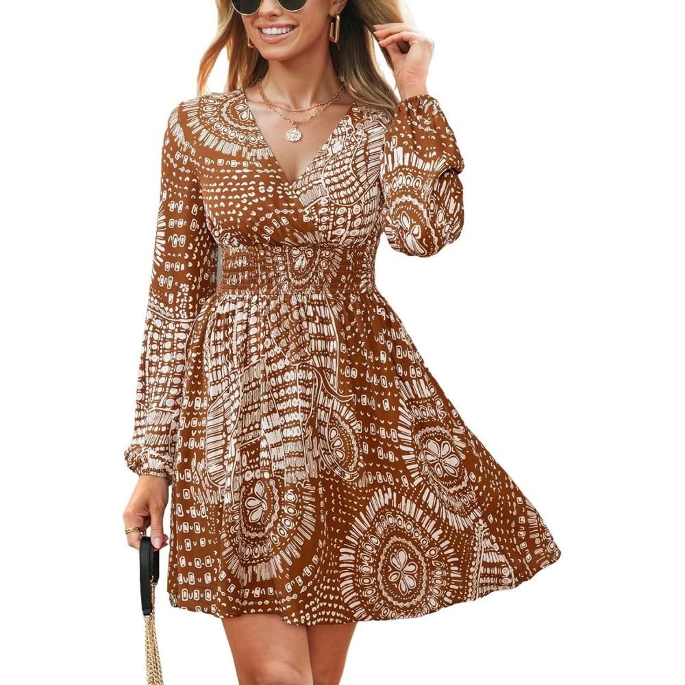 imageCUPSHE Womens Paisley Printed Fall Mini Dress V Neck Long Sleeve Smocked Waist Flowy Ruffled Vacation DressesBrown