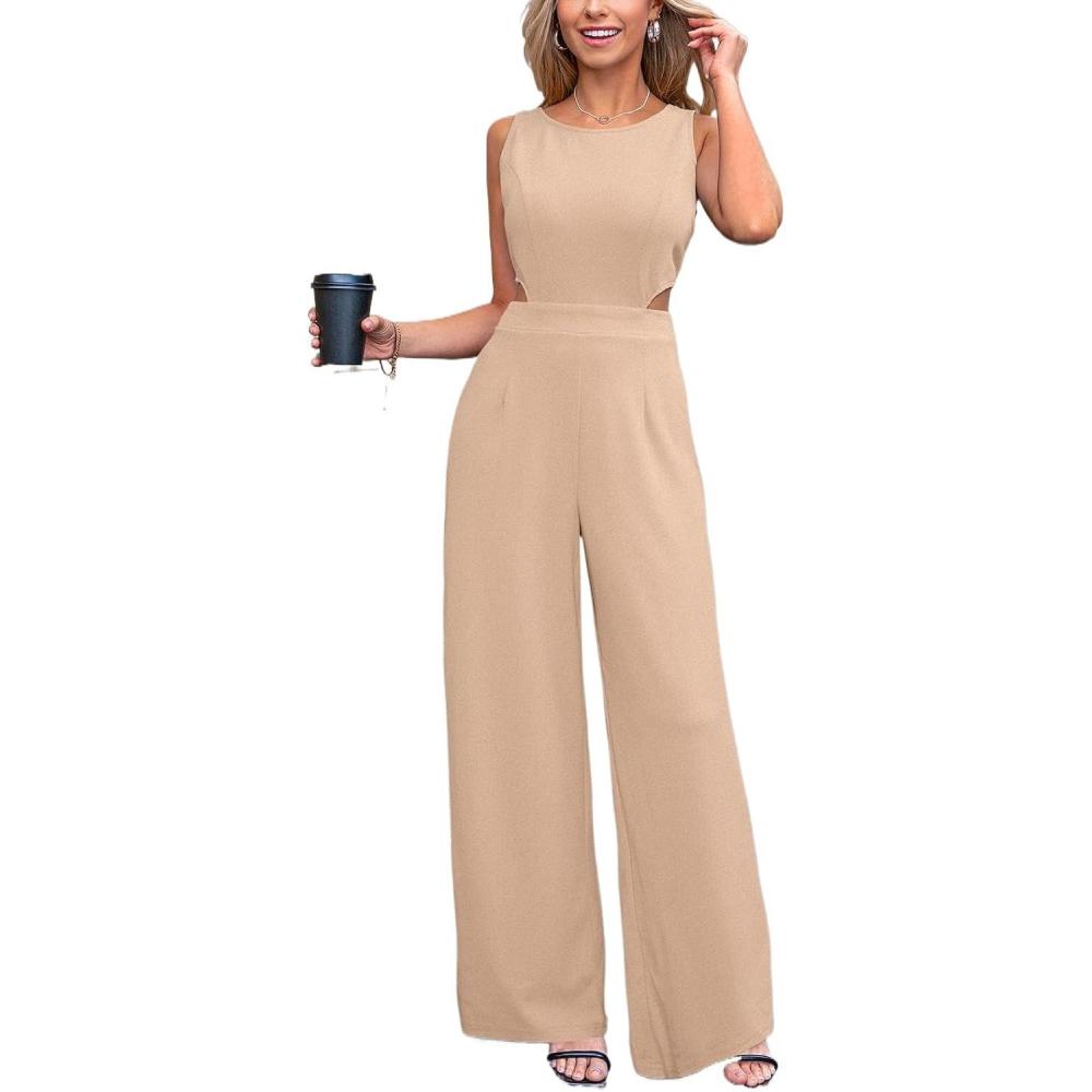 imageCUPSHE Womens Romper Sleeveless Crew Neck Waist Cutout Wide Leg Maxi Jumpsuit Outfit Casual DressyKhaki