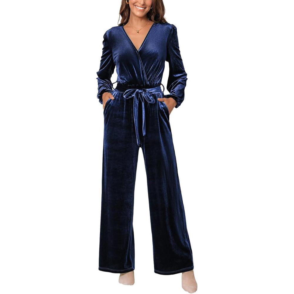 imageCUPSHE Womens Romper V Neck Knit Surplice Long Sleeves Waist tie Pockets Straight leg Jumpsuit Outfit Casual DressyBlue