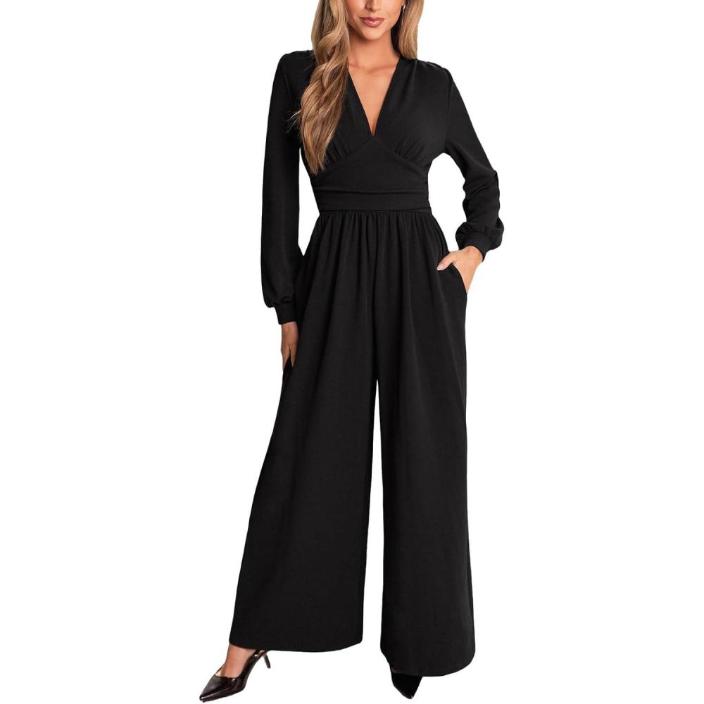 imageCUPSHE Womens Romper V Neck Plunging Long Sleeve Ruching Overalls Wide Leg Jumpsuit Outfit Casual DressyBlack