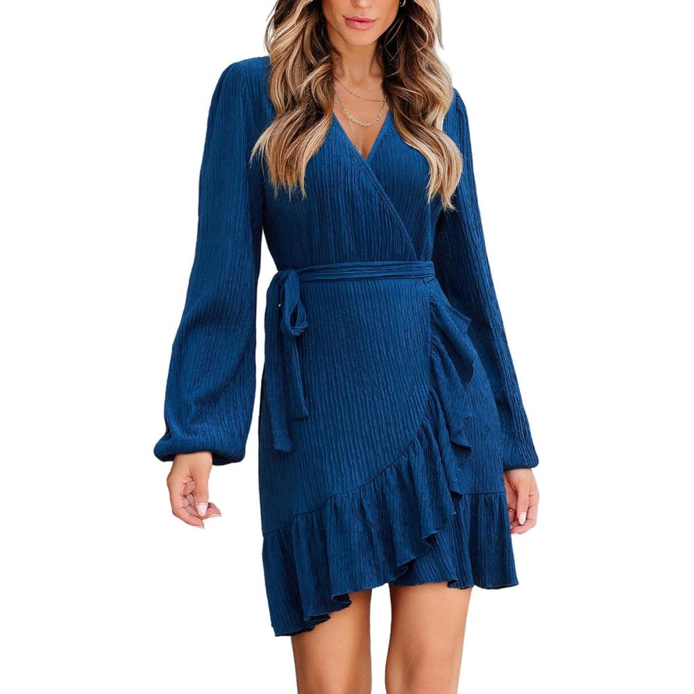 imageCUPSHE Womens Ruched Fall Dresses V Neck Long Sleeve Belted Ruffled Casual Bodycon Flowy Party Elegant Mini Cocktail DressNavy Blue