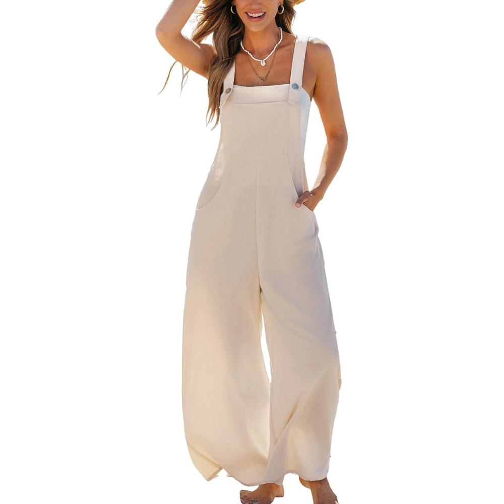 imageCUPSHE Womens Sleeveless Spaghetti Strap Jumpsuit Wide Leg Dressy Work Beach Vacation Long Pants with PocketsBeige