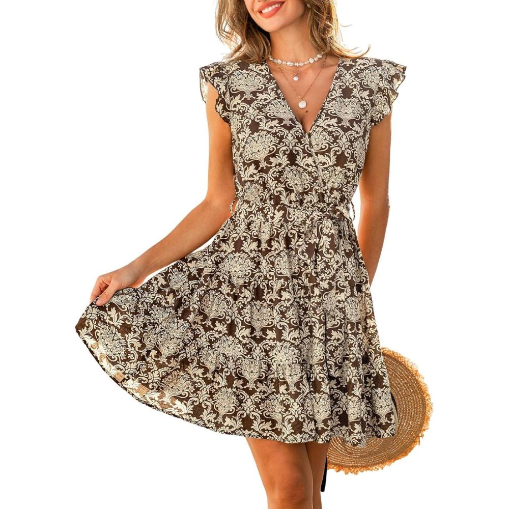 imageCUPSHE Womens Summer Boho Floral Mini Dress Beach Vaction Flowy A Line Dress V Neck Cap Sleeve Belted DressBrown Beige