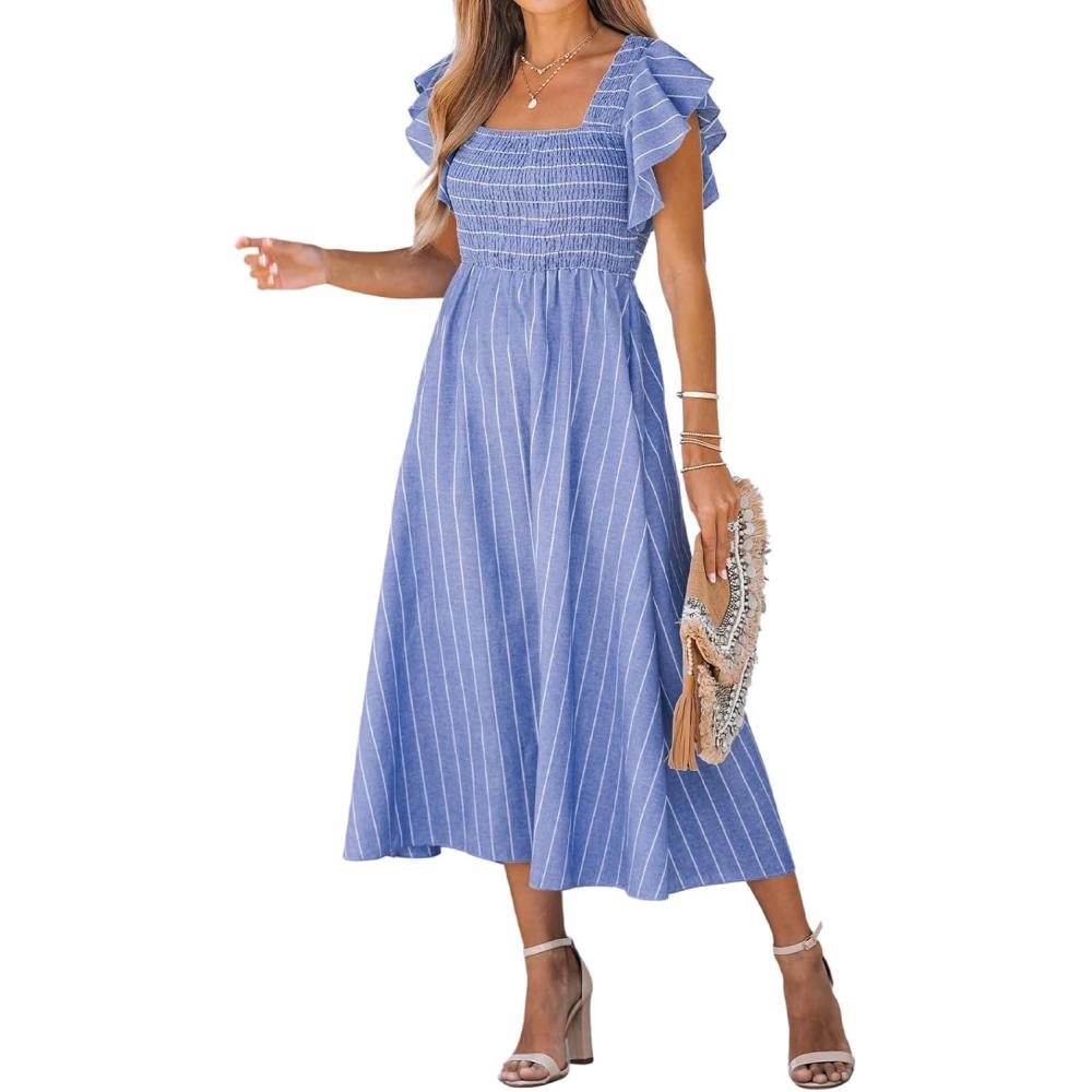 imageCUPSHE Womens Summer Dress Square Neck Striped Smocked Dress Ruffled Cap Sleeves Dress A Line Maxi Formal DressBlue Striped