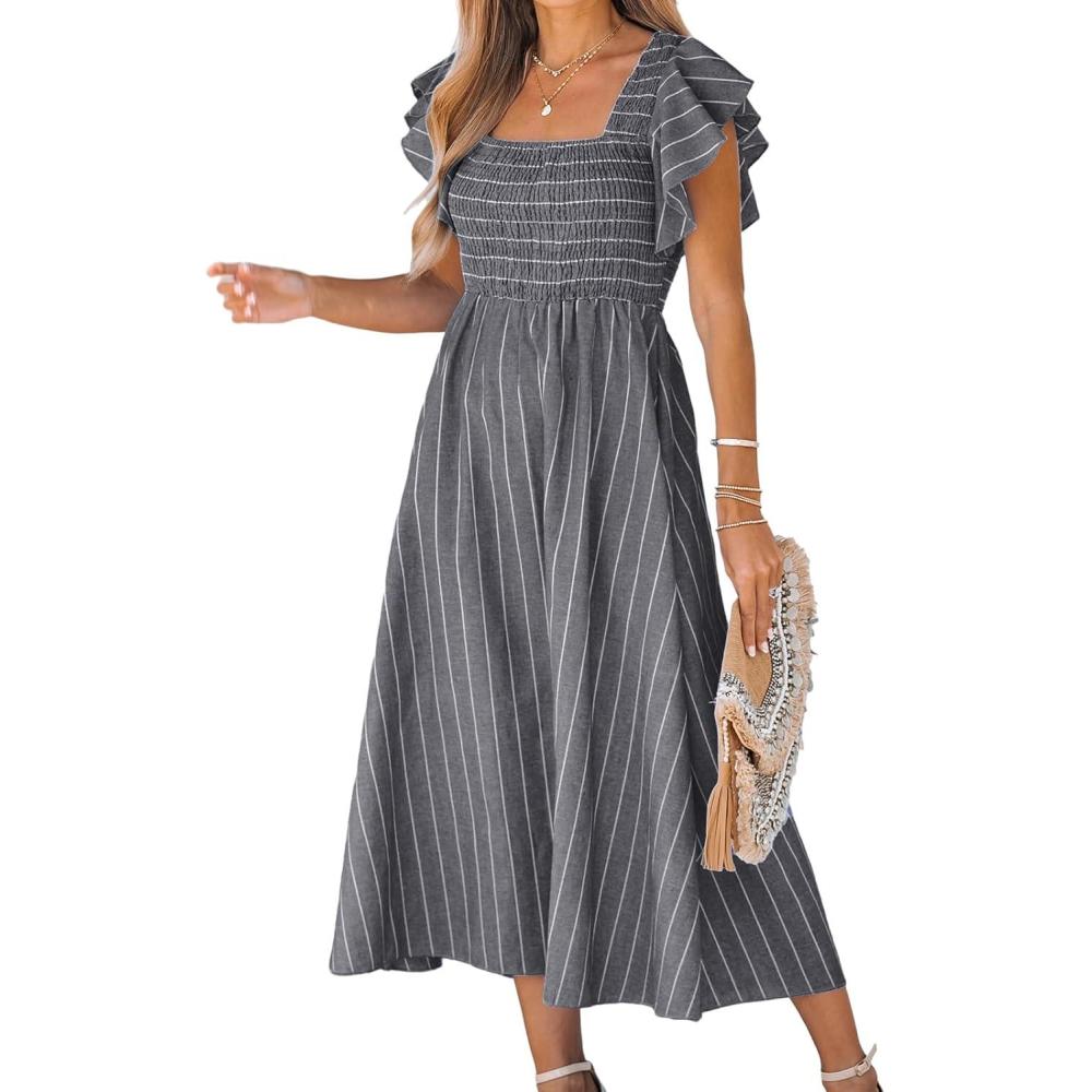 imageCUPSHE Womens Summer Dress Square Neck Striped Smocked Dress Ruffled Cap Sleeves Dress A Line Maxi Formal DressGrey