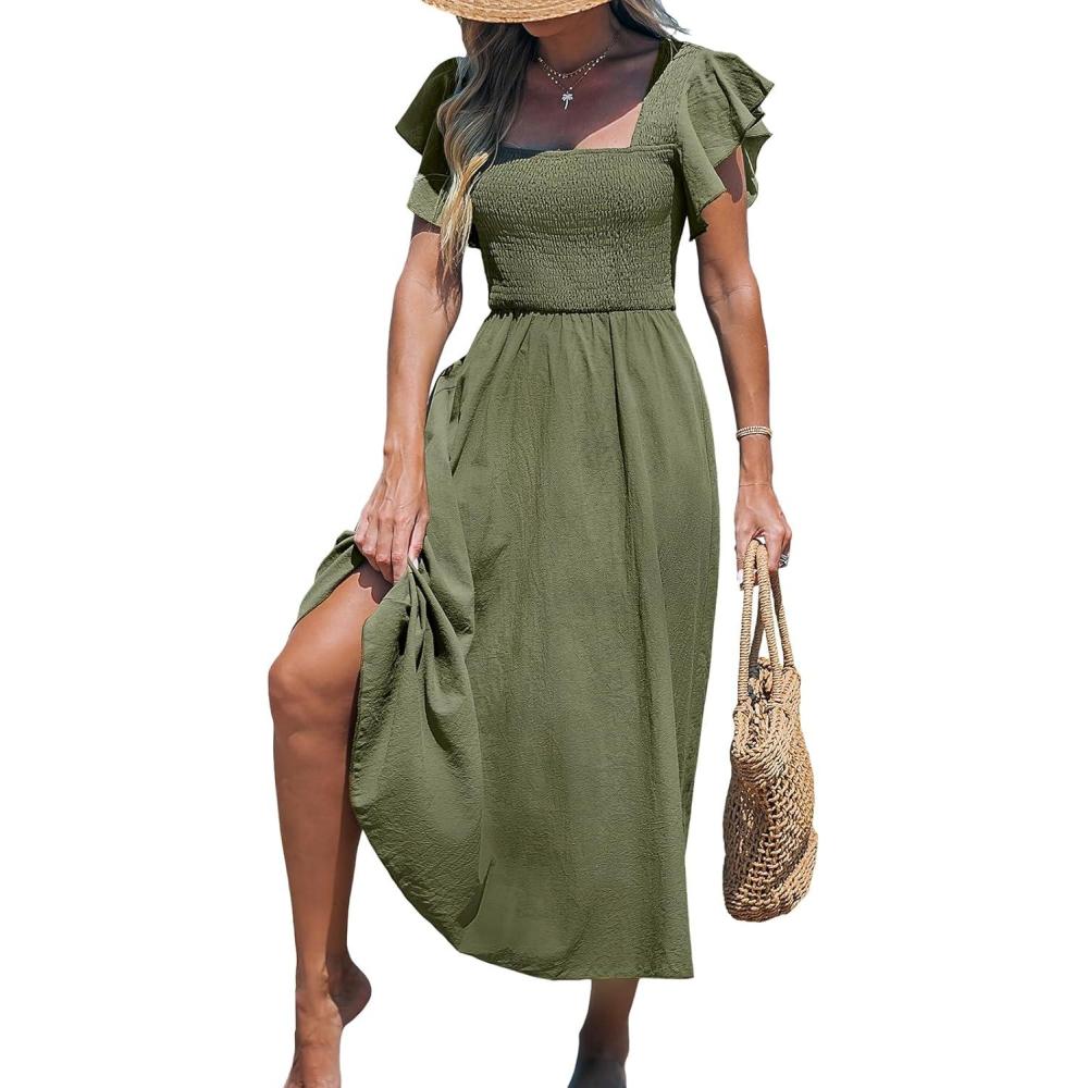 imageCUPSHE Womens Summer Dress Square Neck Striped Smocked Dress Ruffled Cap Sleeves Dress A Line Maxi Formal DressOlive Green