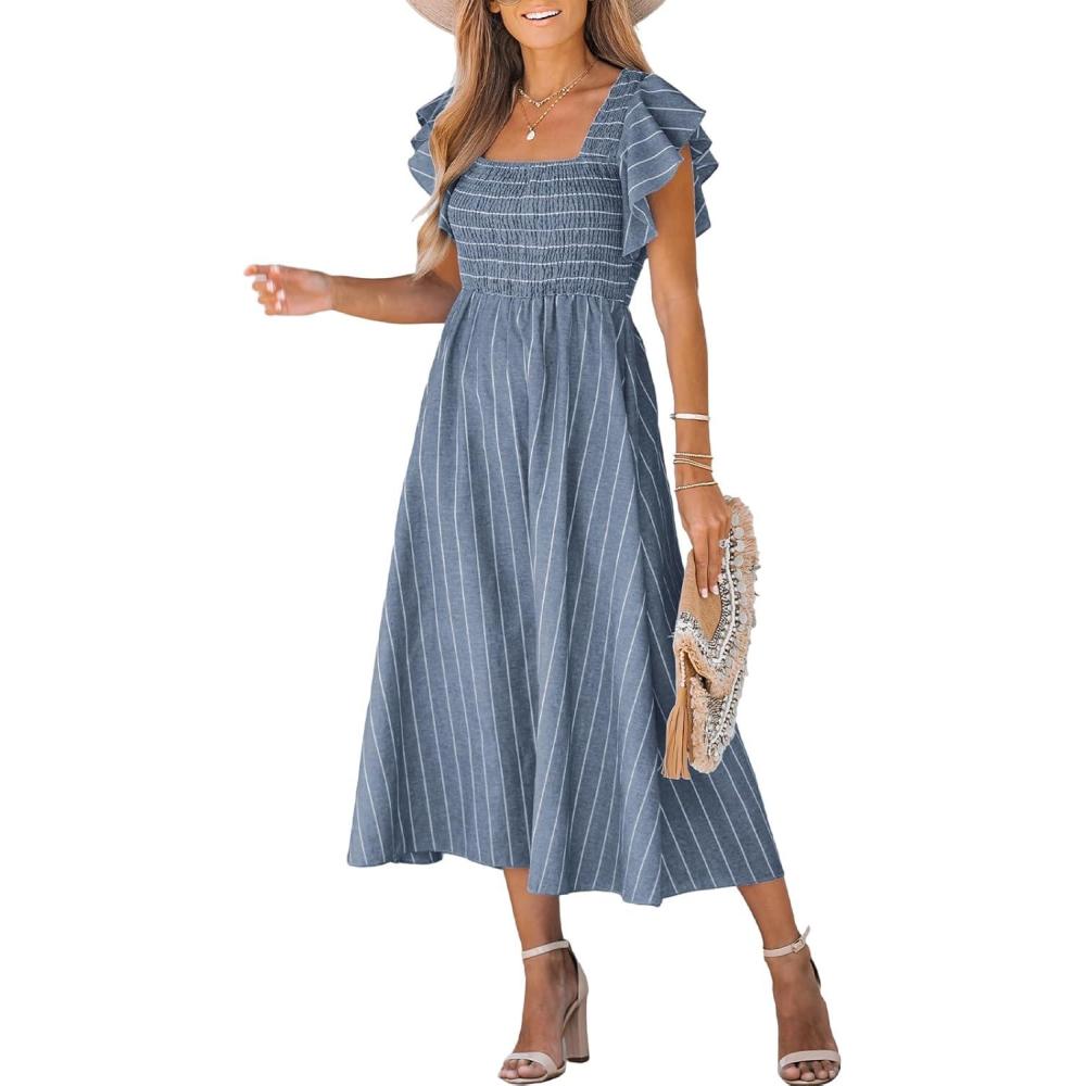 imageCUPSHE Womens Summer Dress Square Neck Striped Smocked Dress Ruffled Cap Sleeves Dress A Line Maxi Formal DressSteel Blue