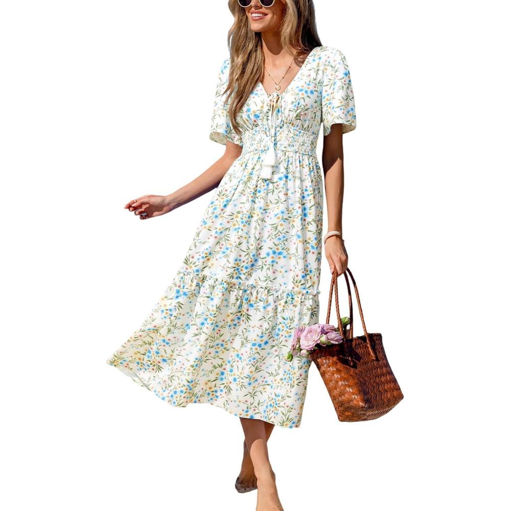 imageCUPSHE Womens Summer Dresses Floral Short Sleeve V Neck Tie Front High Waist Flowy Tiered Vacation Maxi DressWhite
