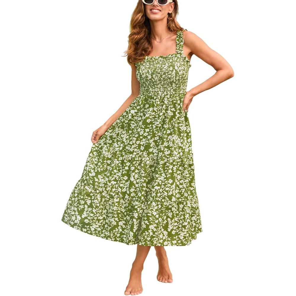 imageCUPSHE Womens Summer Dresses Sleeveless Square Neck Ruffle Strap Split Hem Tiered Beach Maxi DressGreen