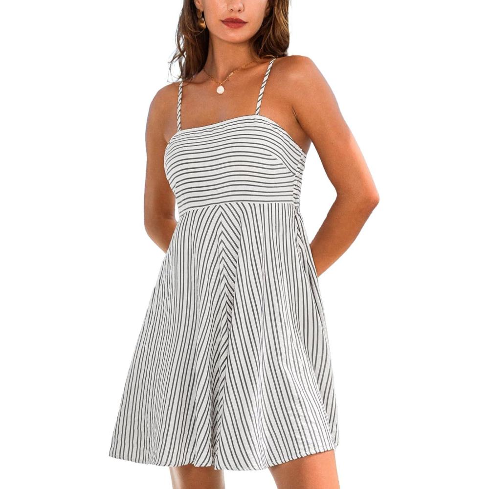 imageCUPSHE Womens Summer Dresses Smocked Sleeveless Square Neck Striped Mini Dress with PocketsBlack Striped