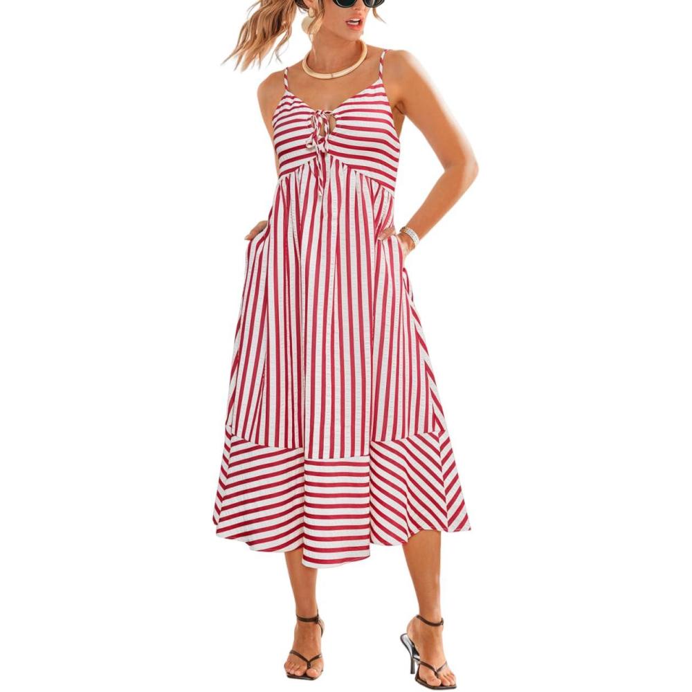 imageCUPSHE Womens Summer Dresses Striped V Neck Spaghetti Strap Sleeveless Tie Front Cutout Beach Maxi DressRed