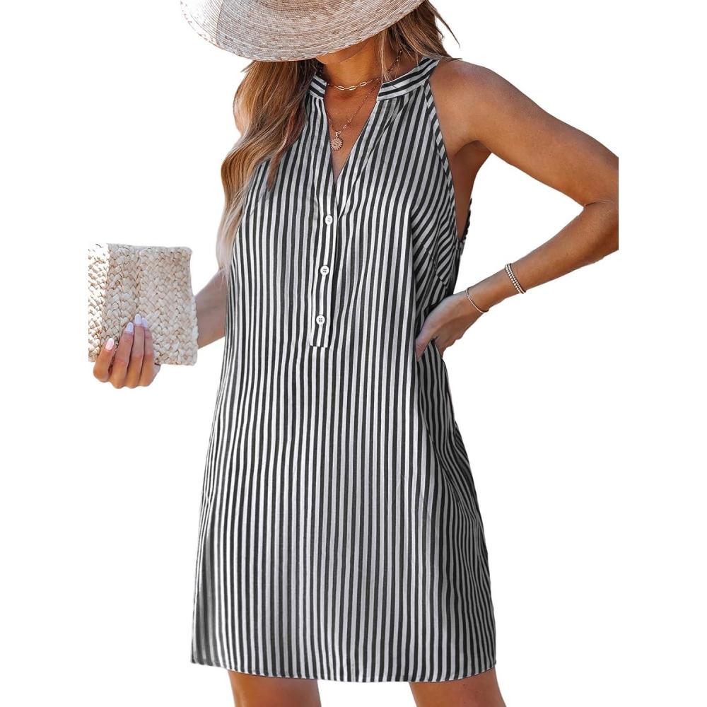 imageCUPSHE Womens Summer Dresses V Neck Sleeveless Striped Button Up Mini Casual Coverup DressBlack