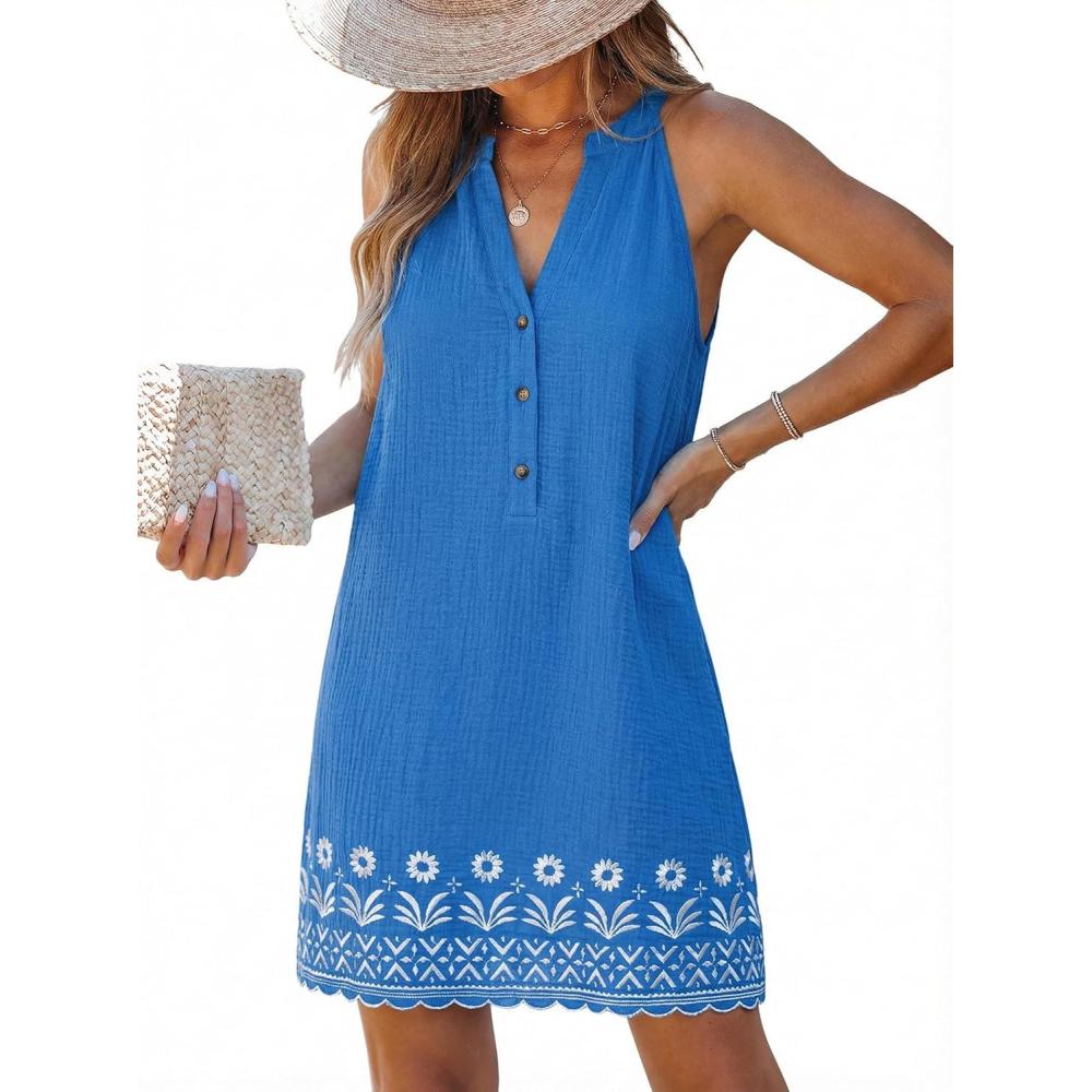 imageCUPSHE Womens Summer Dresses V Neck Sleeveless Striped Button Up Mini Casual Coverup DressBlue Floral