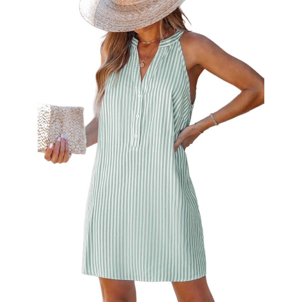 imageCUPSHE Womens Summer Dresses V Neck Sleeveless Striped Button Up Mini Casual Coverup DressGreen