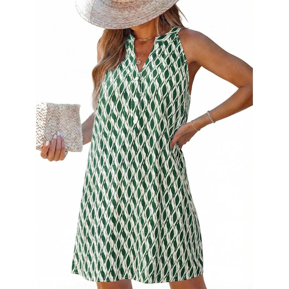 imageCUPSHE Womens Summer Dresses V Neck Sleeveless Striped Button Up Mini Casual Coverup DressGreen Wave