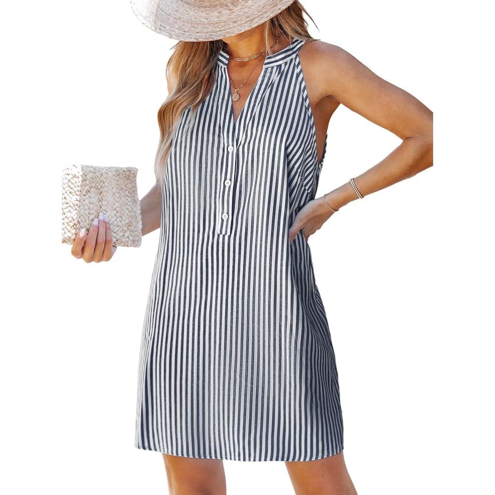imageCUPSHE Womens Summer Dresses V Neck Sleeveless Striped Button Up Mini Casual Coverup DressNavy