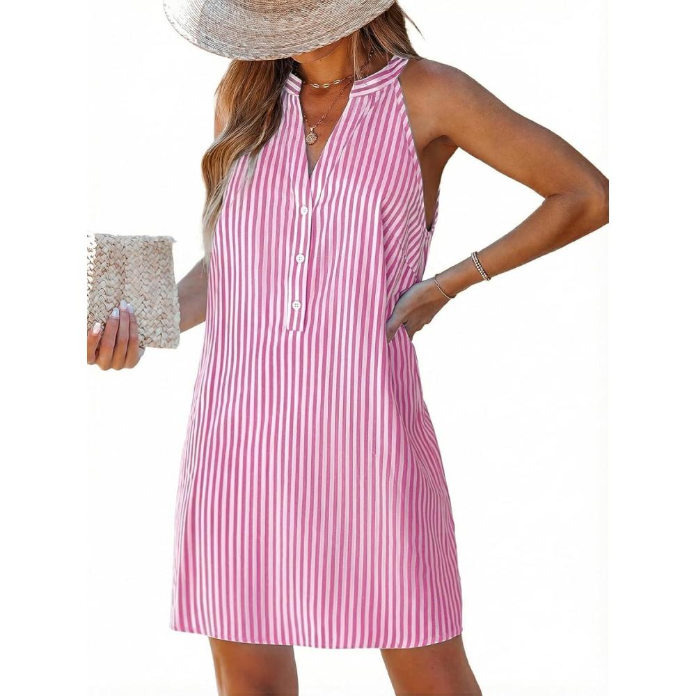 imageCUPSHE Womens Summer Dresses V Neck Sleeveless Striped Button Up Mini Casual Coverup DressPink