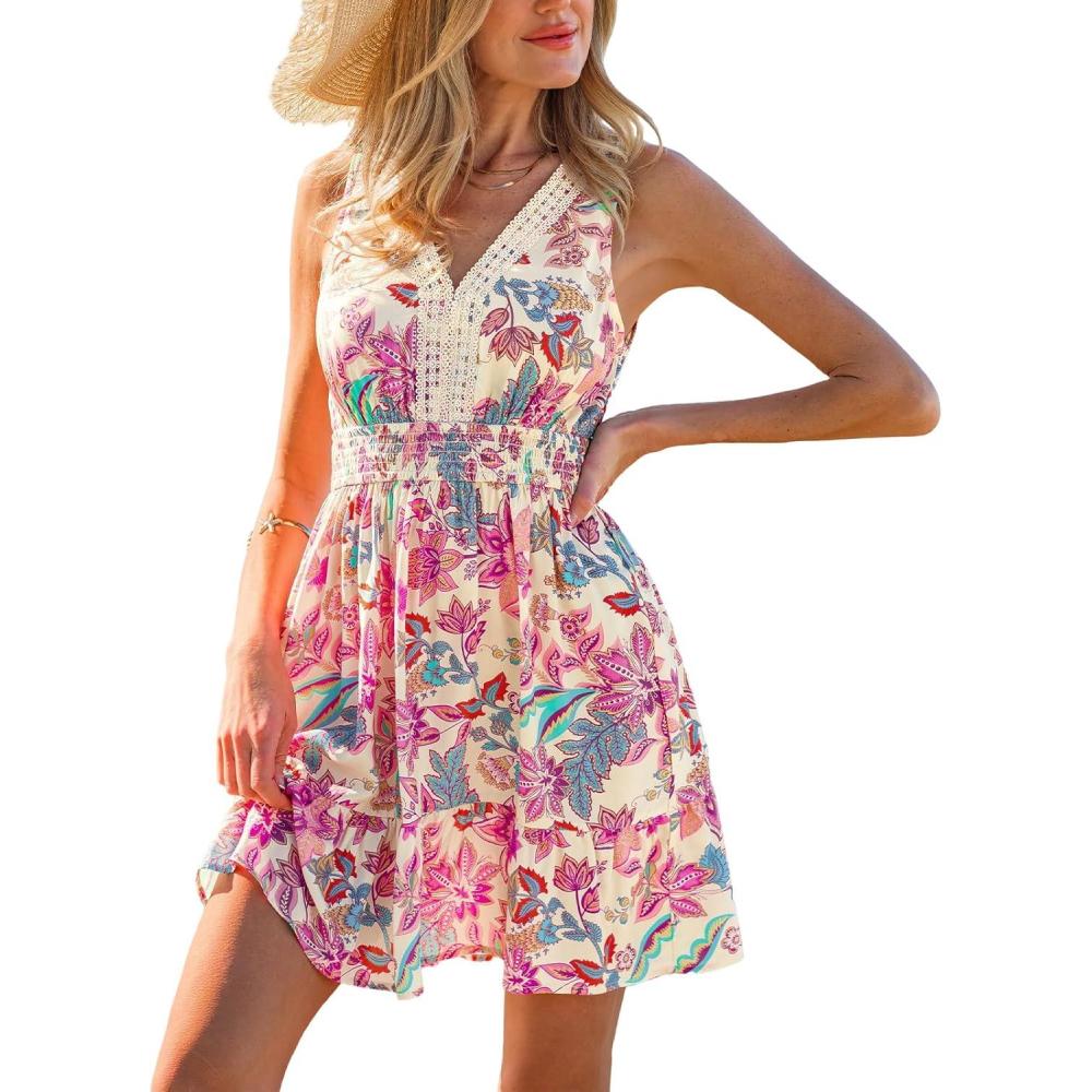 imageCUPSHE Womens Summer Floral Mini Dress V Neck Sleeveless Lace Trim Elastic Waist Casual Vacation Beach Flowy Short DressesPink Floral