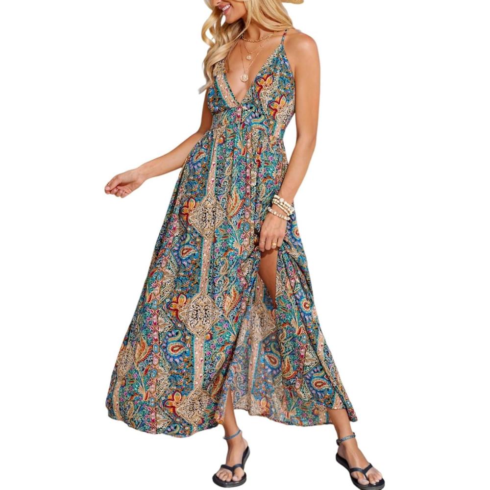 imageCUPSHE Womens Summer Maxi Dress 2026 Sleeveless Long Sundresses Spaghetti Strap Flowy Boho Beach Vacation DressBlue