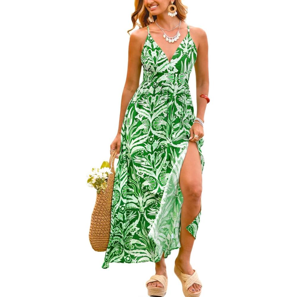 imageCUPSHE Womens Summer Maxi Dress 2026 Sleeveless Long Sundresses Spaghetti Strap Flowy Boho Beach Vacation DressFloral Green