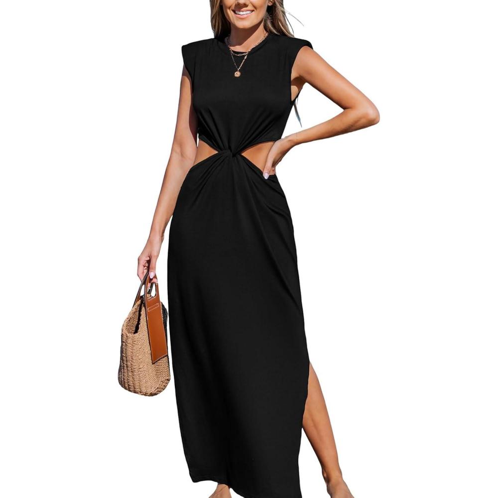 imageCUPSHE Womens Summer Maxi Dresses Sleeveless Cutout Side Slit Long Casual Dress with Padded ShouldersBlack