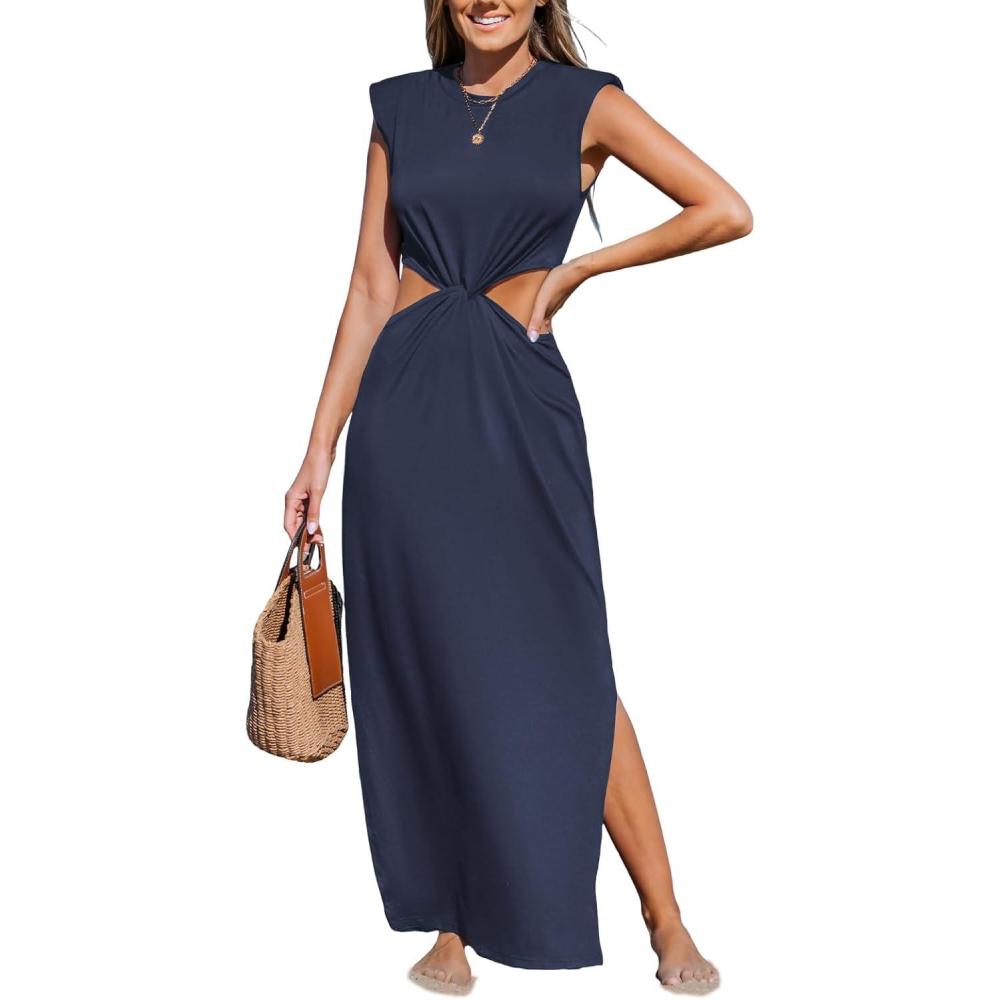 imageCUPSHE Womens Summer Maxi Dresses Sleeveless Cutout Side Slit Long Casual Dress with Padded ShouldersNavy Blue