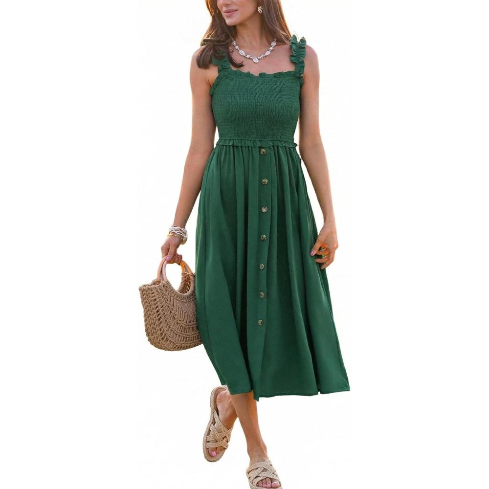 imageCUPSHE Womens Summer Smocked Midi Dress Sleeveless Square Neck Cami Dress Vacation Button Flowy Long SundressGreen
