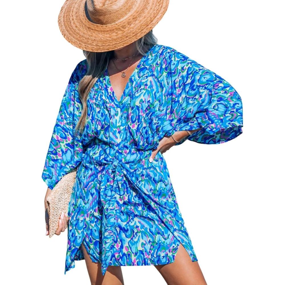 imageCUPSHE Womens V Neck Summer Dress 34 Kimono Sleeve Self Tie Pleated Loose Slit Mini Casual DressBlue