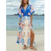 CUPSHE Women Boho Maxi Summer Dress Plunging V Half Dolman Sleeve Empired Waist Side Slit Sundress Holiday Beach Dresses(Blue Pink)