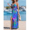 CUPSHE Women Halter Backless Summer Dresses Spaghetti Strap Side Slit Casual Beach Sundress Holiday Vacation Maxi Dress(Blue Pattern)