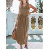 CUPSHE Women Knit Summer Dress Cover Up Crew Neck Elastic Waist Side Slit Midi Casual Sundress Beach Cover Up Dresses(Khaki)