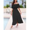 CUPSHE Women Ruffle Floral Maxi Summer Dress Off Shoulder Short Sleeve Backless Flounce Bodice Slit Hem Beach Dresses(Black)