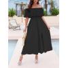 CUPSHE Women Ruffle Floral Maxi Summer Dress Off Shoulder Short Sleeve Backless Flounce Bodice Slit Hem Beach Dresses(Black)