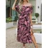 CUPSHE Women Ruffle Floral Maxi Summer Dress Off Shoulder Short Sleeve Backless Flounce Bodice Slit Hem Beach Dresses(Black Leaf)