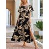 CUPSHE Women Ruffle Floral Maxi Summer Dress Off Shoulder Short Sleeve Backless Flounce Bodice Slit Hem Beach Dresses(Black Tropical)