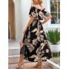 CUPSHE Women Ruffle Floral Maxi Summer Dress Off Shoulder Short Sleeve Backless Flounce Bodice Slit Hem Beach Dresses(Black Tropical)