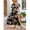 CUPSHE Women Ruffle Floral Maxi Summer Dress Off Shoulder Short Sleeve Backless Flounce Bodice Slit Hem Beach Dresses(Black Tropical)
