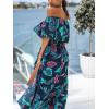 CUPSHE Women Ruffle Floral Maxi Summer Dress Off Shoulder Short Sleeve Backless Flounce Bodice Slit Hem Beach Dresses(Blue)