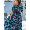 CUPSHE Women Ruffle Floral Maxi Summer Dress Off Shoulder Short Sleeve Backless Flounce Bodice Slit Hem Beach Dresses(Blue)