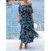 CUPSHE Women Ruffle Floral Maxi Summer Dress Off Shoulder Short Sleeve Backless Flounce Bodice Slit Hem Beach Dresses(Blue)