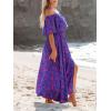 CUPSHE Women Ruffle Floral Maxi Summer Dress Off Shoulder Short Sleeve Backless Flounce Bodice Slit Hem Beach Dresses(Blue Purple)