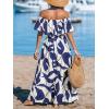 CUPSHE Women Ruffle Floral Maxi Summer Dress Off Shoulder Short Sleeve Backless Flounce Bodice Slit Hem Beach Dresses(Blue White)