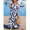 CUPSHE Women Ruffle Floral Maxi Summer Dress Off Shoulder Short Sleeve Backless Flounce Bodice Slit Hem Beach Dresses(Blue White)