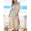 CUPSHE Women Ruffle Floral Maxi Summer Dress Off Shoulder Short Sleeve Backless Flounce Bodice Slit Hem Beach Dresses(Ditsy Floral)