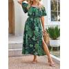 CUPSHE Women Ruffle Floral Maxi Summer Dress Off Shoulder Short Sleeve Backless Flounce Bodice Slit Hem Beach Dresses(Green)