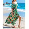 CUPSHE Women Ruffle Floral Maxi Summer Dress Off Shoulder Short Sleeve Backless Flounce Bodice Slit Hem Beach Dresses(Green Tropical)