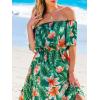 CUPSHE Women Ruffle Floral Maxi Summer Dress Off Shoulder Short Sleeve Backless Flounce Bodice Slit Hem Beach Dresses(Green Tropical)