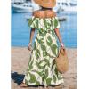 CUPSHE Women Ruffle Floral Maxi Summer Dress Off Shoulder Short Sleeve Backless Flounce Bodice Slit Hem Beach Dresses(Green White)